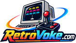 RetroVoke logo illustrato (CRT, alieni Space Invaders, joystick)